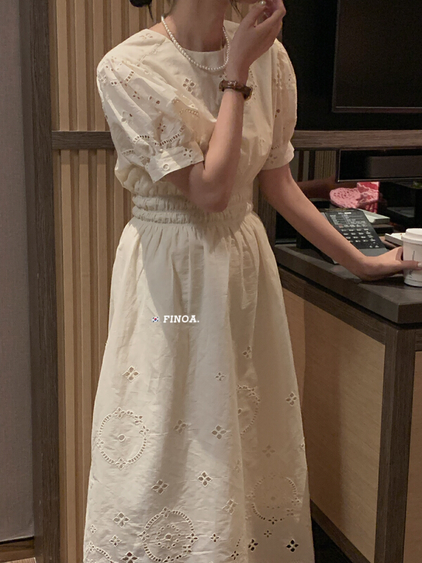 【FINOA】Simple solid color hollowed-out waist slimming dress Olive1213
