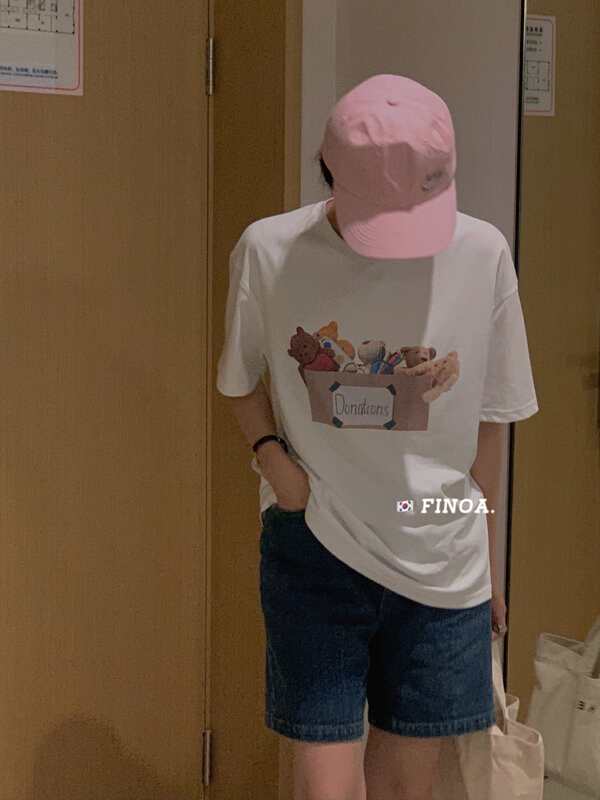 [finoa] Korean casual cute bear printed short sleeve T-shirt 1151