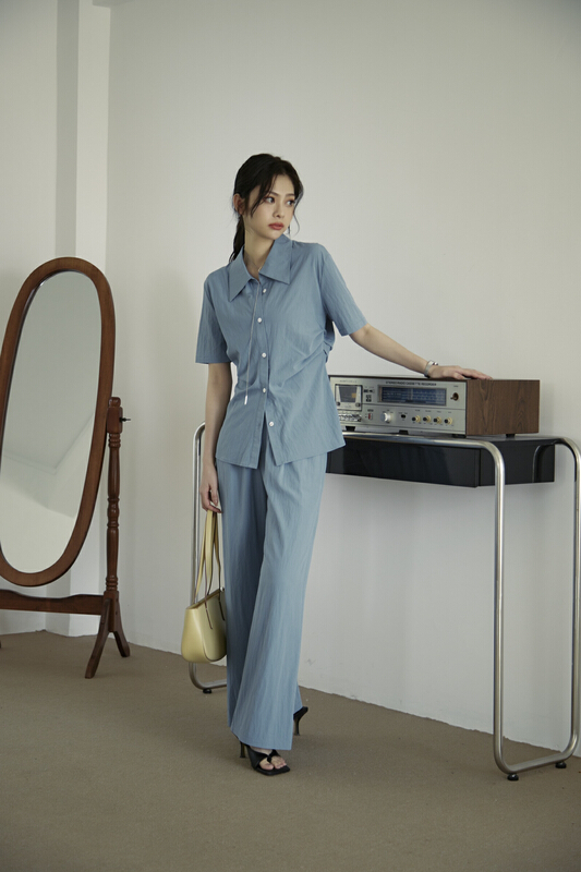 [context sense] pleated design breathable and comfortable slim shirt + high waist straight casual pants set tts1467\csx