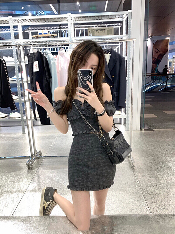 [colorfui] pleated design, niche suspender Top + elastic skirt set 6535# JJ