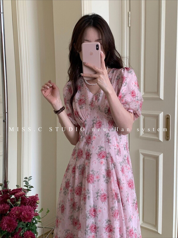 [miss.c studio] V-neck bubble sleeve printed waist dress 3097\zxx