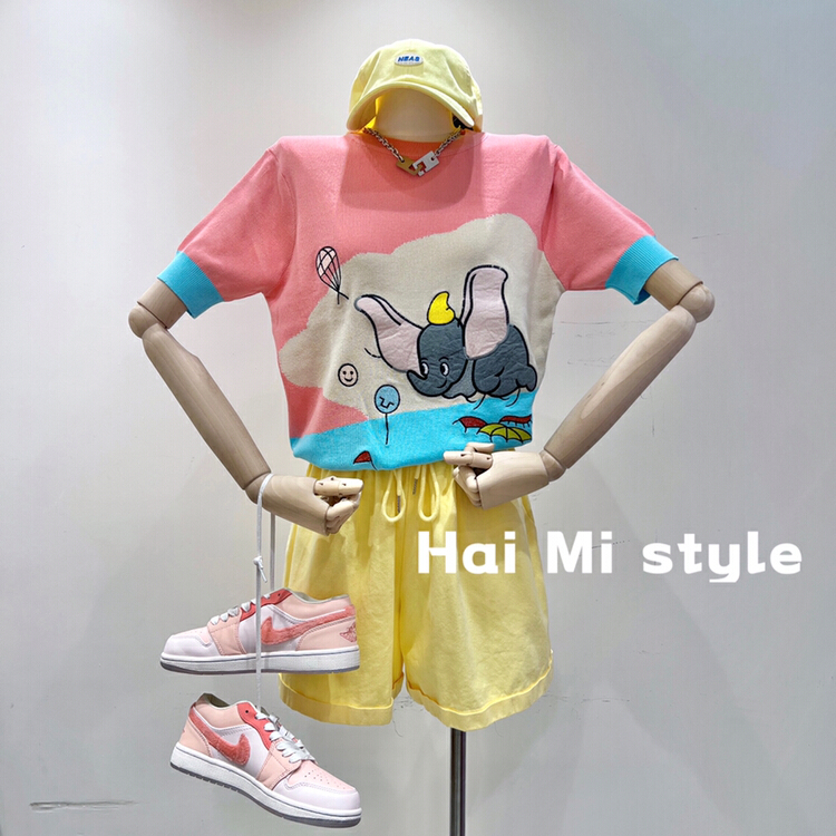 [Haimi] Korean version of versatile little elephant patch embroidered short sleeve sweater 1948\wtt