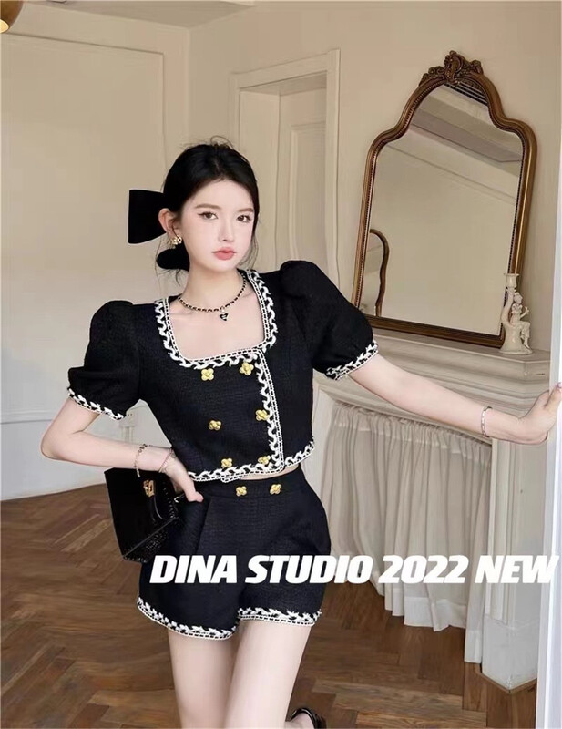 [d.ina] casual double breasted short shirt + color matching comfortable casual Shorts Set 11335\jj