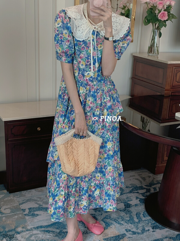 [finoa] Korean fashionable fresh floral dress (with lace collar) 1110