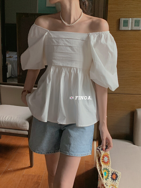 [finoa] Korean casual pleated off shoulder shirt finoa10557