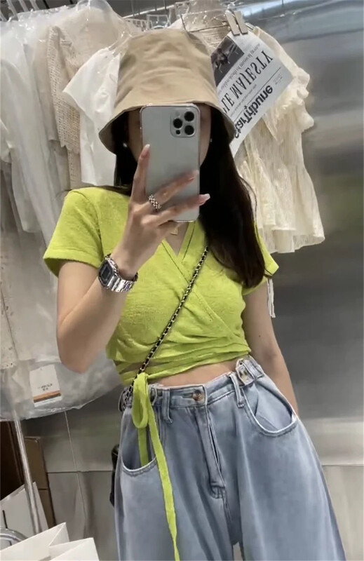 [fox] short sleeve lace up solid T-shirt 1881\wtt