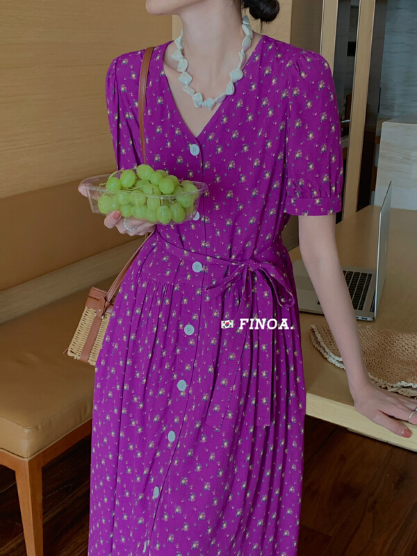 [finoa] Korean fashion loose print bandage dress (with waist rope) olive1142