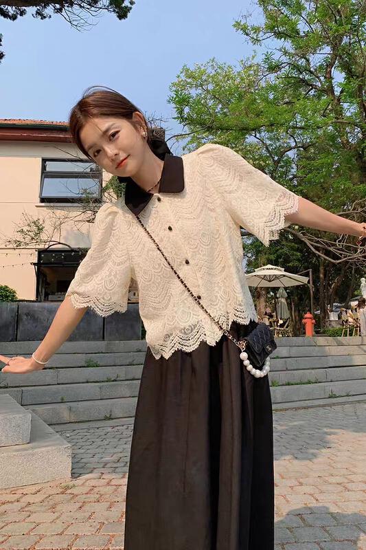 [ou zhengsha] French color blocking sweet lace blouse (excluding matching) 18868\jj