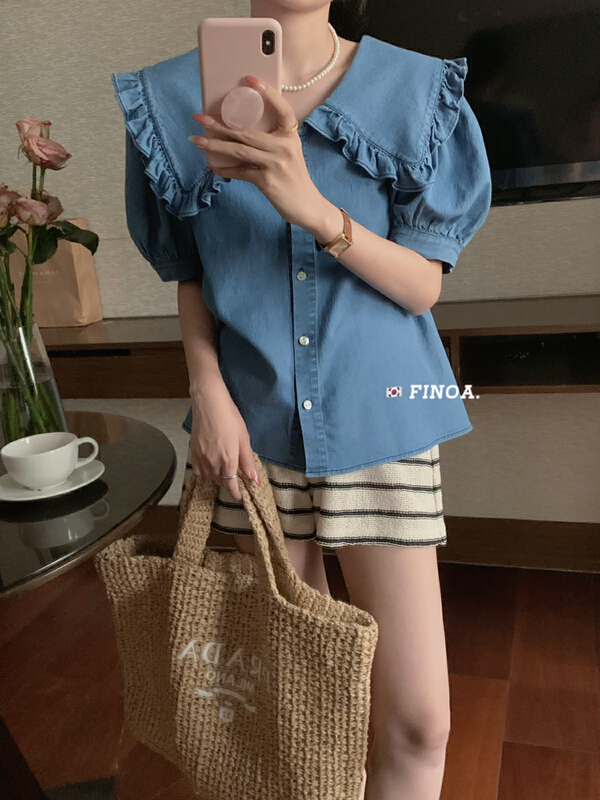[finoa] Korean aging classic Lapel denim shirt (olive) 1181\jhy