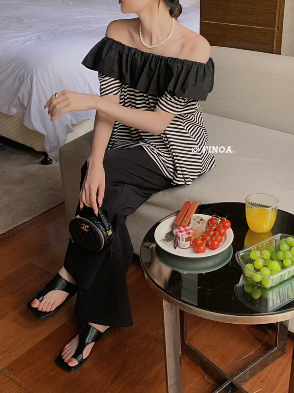 [finoa] off shoulder classic stripe shirt finoa10556