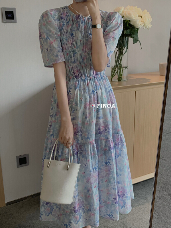 [finoa] Korean romantic waist closing large flower dress 1140\jhy
