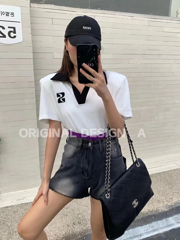[a+] Korean color blocking waist thin denim shorts 7722-1\1\wpl