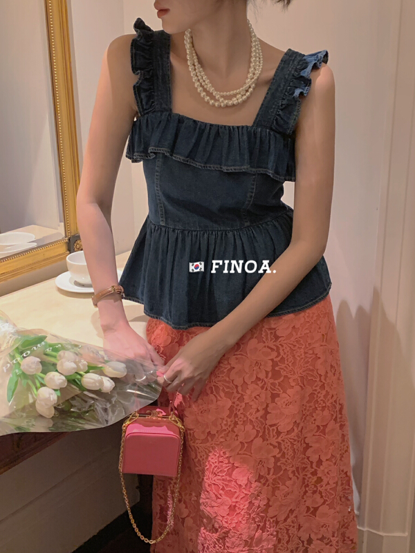 [finoa] Korean style slim fitting lace denim blouses only sell blouses 10500