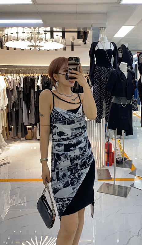 [semi plain] irregular pattern printing suspender hot girl dress v386\zjy