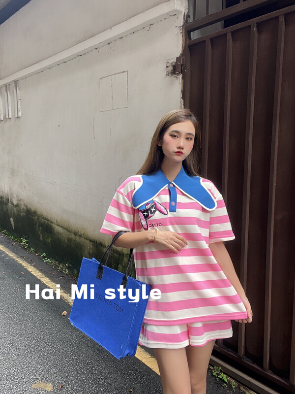 [Helmi] fashion contrast short sleeve T-shirt + casual versatile Shorts Set 1965\wtt