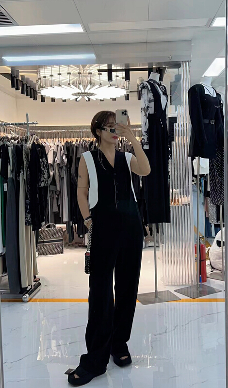 [semi plain] V-neck breasted sleeveless splicing straight casual Jumpsuit s036\zjy