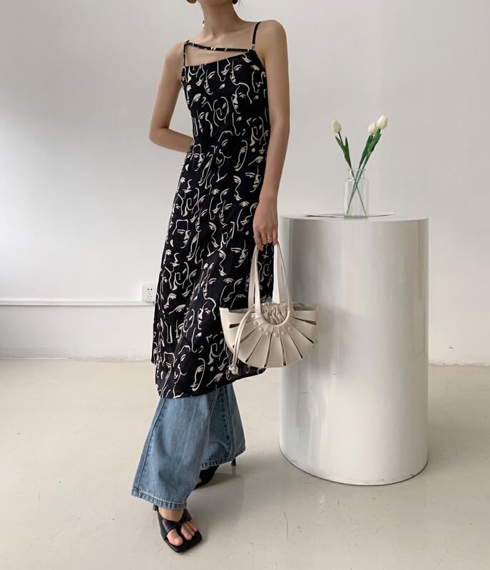 [context sense] lady structural design printed suspender dress atts735\csx