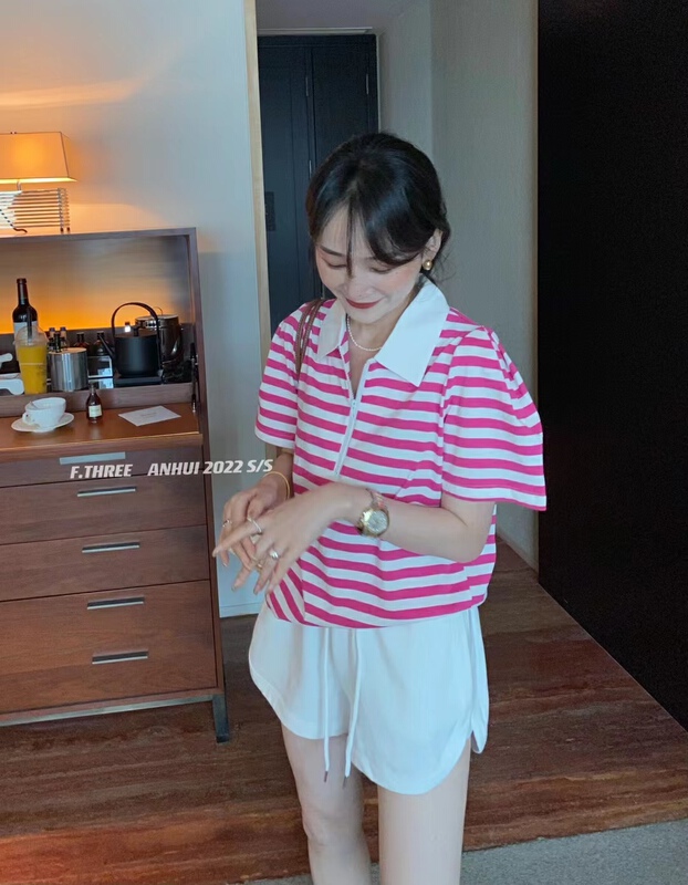 Popular recommendation [f.three] Half Zip striped thin fabric polo shirt 87326\xj