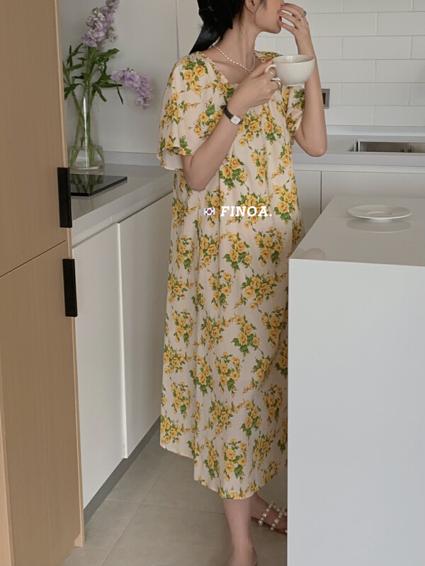 [finoa] Korean loose casual square neck flower dress 10532