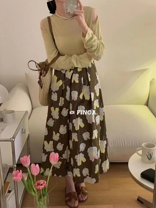 [finoa] Korean style large flower elastic waist skirt 10481
