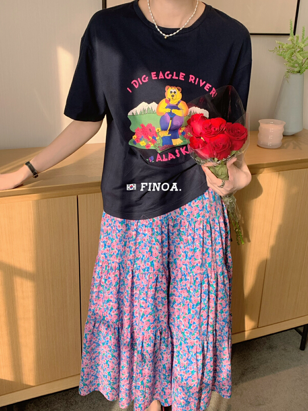 [finoa] Korean casual bear letter printed short sleeve T-shirt olive1149