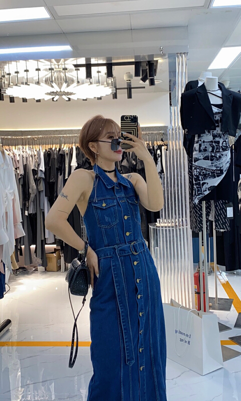 [semi vegetarian] online hot girls' open back and neck mid length denim dress (with detachable belt) c1009\zjy