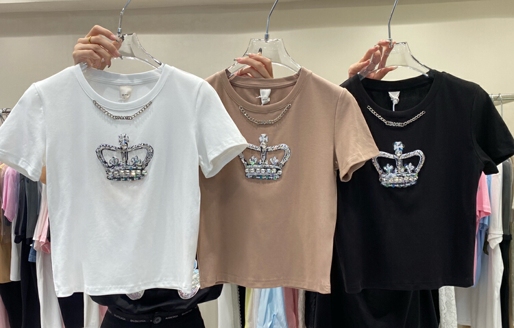 [NN] Korean version heavy craft high street trend manual crown seam drill high elastic short sleeve T-shirt 8681\xyy