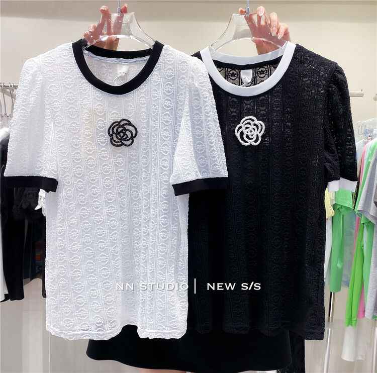 [NN] French xiaoxiangfeng Camellia Pullover short sleeve T-shirt 8673\xyy