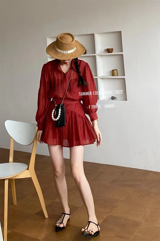 [f.three] simple thin sunscreen shirt + elastic waist versatile Skirt Set (inner safety pants) 87378\xj