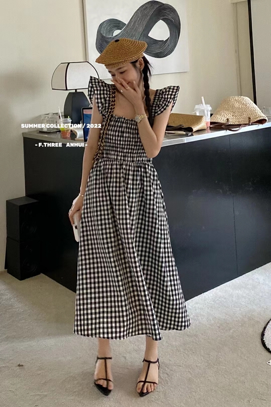 [f.three] small fly sleeve design checkered contrast dress 95269\xj