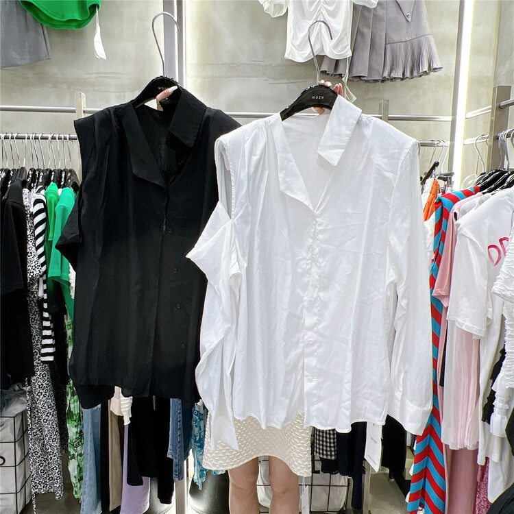 [mozr] temperament hollow asymmetric shirt 9077\xyj