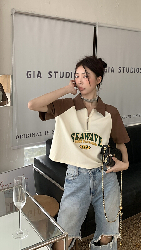 [our] Korean casual color contrast letter short sleeve T-shirt 11183\lsw