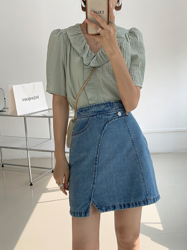 [context sense] lotus leaf collar comfortable Korean Short Sleeve T-shirt amnc358\csx
