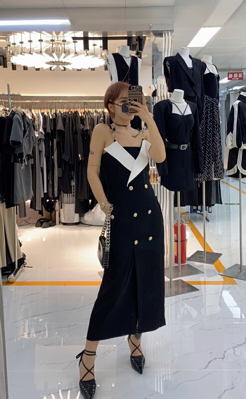 [semi plain] temperament double breasted contrast suspender dress u581\zjy
