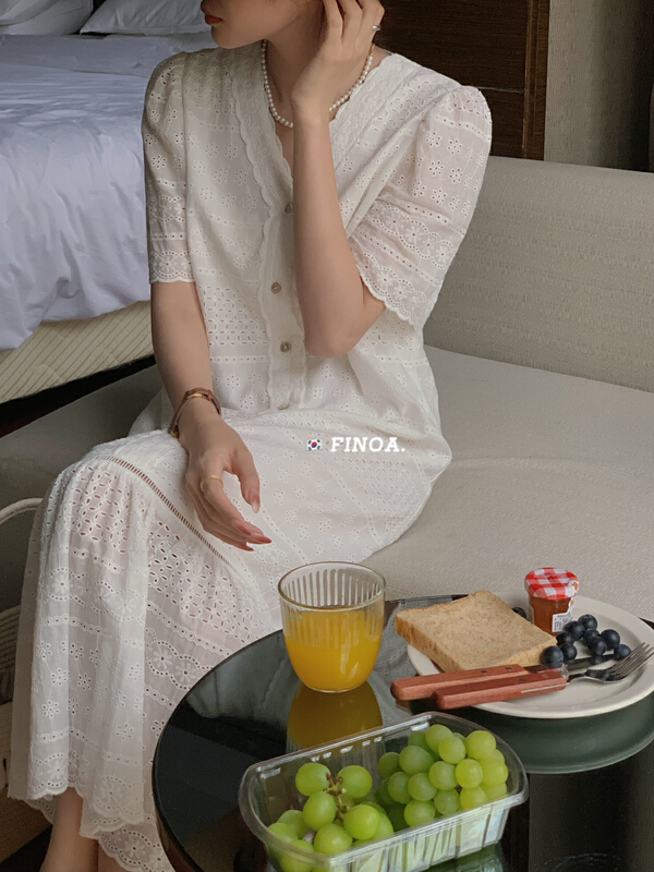 [finoa] Korean casual loose hollow out pattern dress 10561