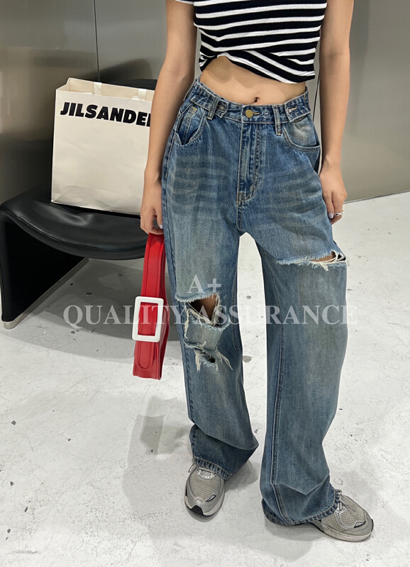 [a+] Korean version hole breaking straight adjustable jeans 7716-1\1\wpl