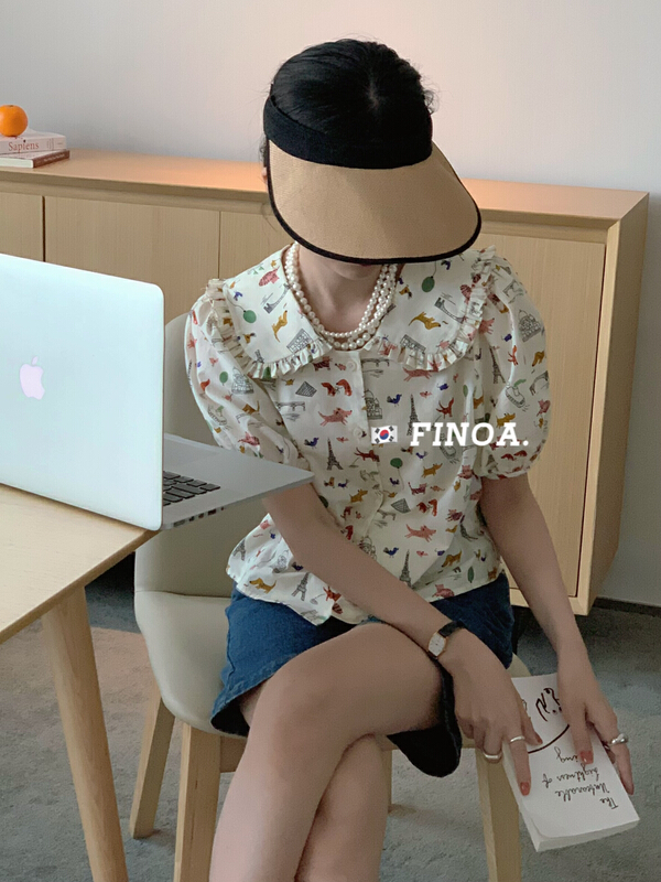 【FINOA】百搭趣味圖案花邊翻領襯衫1137