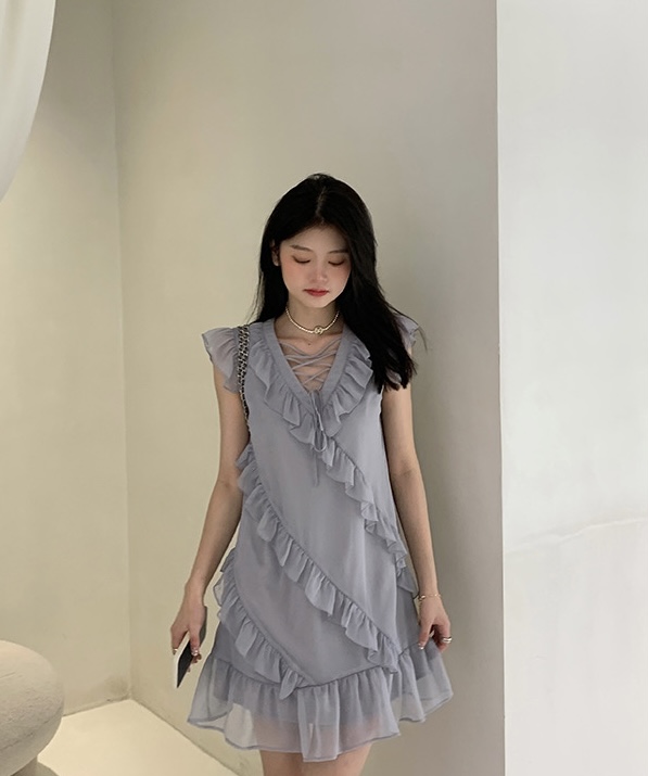 [NC edition/new color] V-neck lace up multilayer Ruffle tank top dress z2588 \zxx