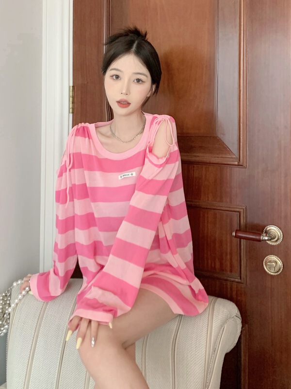 [Haimi] Korean loose and thin striped off shoulder drawstring design sunscreen shirt 1960\wtt