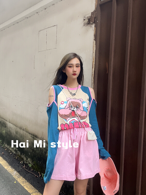 [Helmi] Korean Pink Bear print off shoulder sun shirt 1937\wtt
