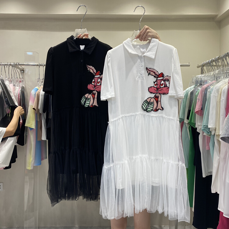[NN] Korean casual Polo neck rabbit sticker mosaic mesh dress 9728\xyy