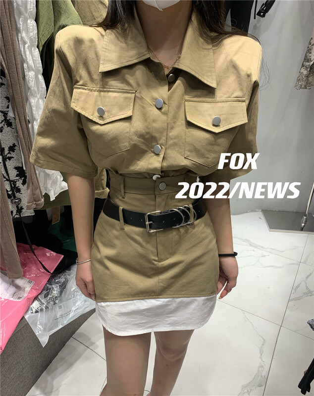 [fox] solid color short sleeve button coat + high waist slim skirt suit (with belt) 53139\wtt