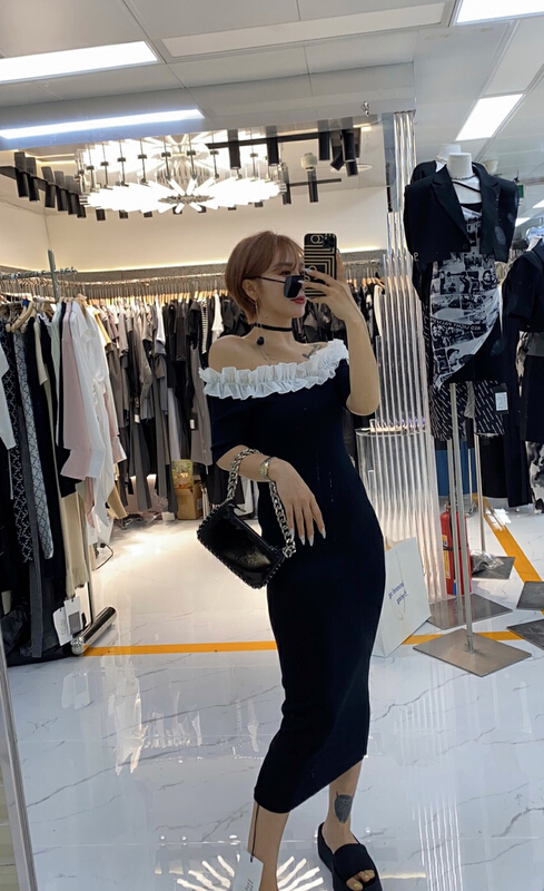 [semi plain] lace off neck slim fitting knitted dress ys1-l035\zjy