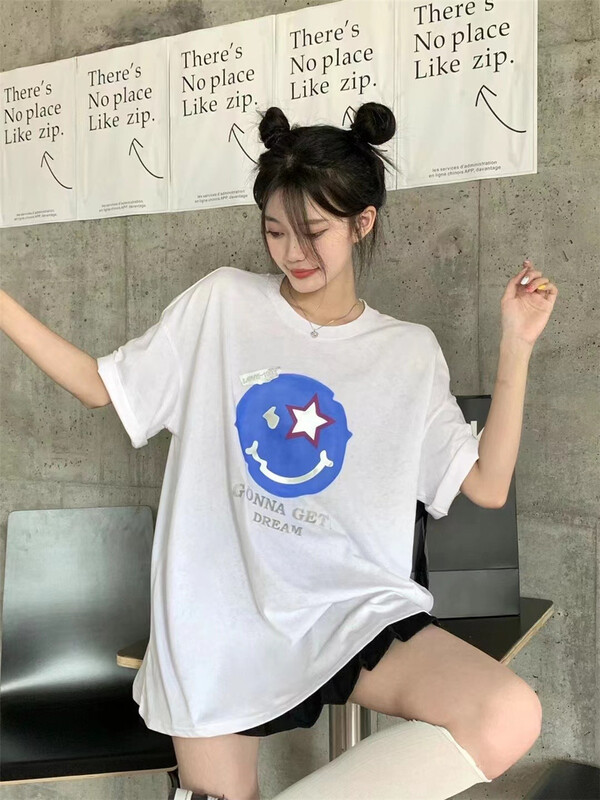 [didi] Unisex casual smiling face printed loose Pullover short sleeve T-shirt 5175\ozq