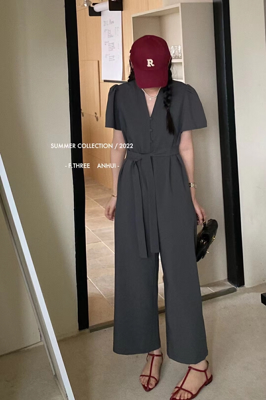 [f.three] Chinese button design V-neck slim Jumpsuit (with belt) 95267\xj