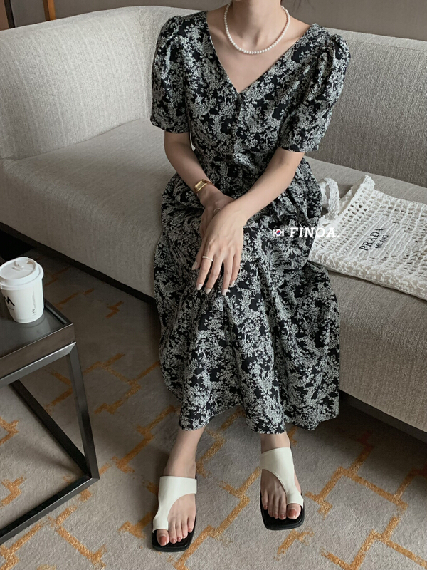 [finoa] retro elegant V-neck floral button dress 10609