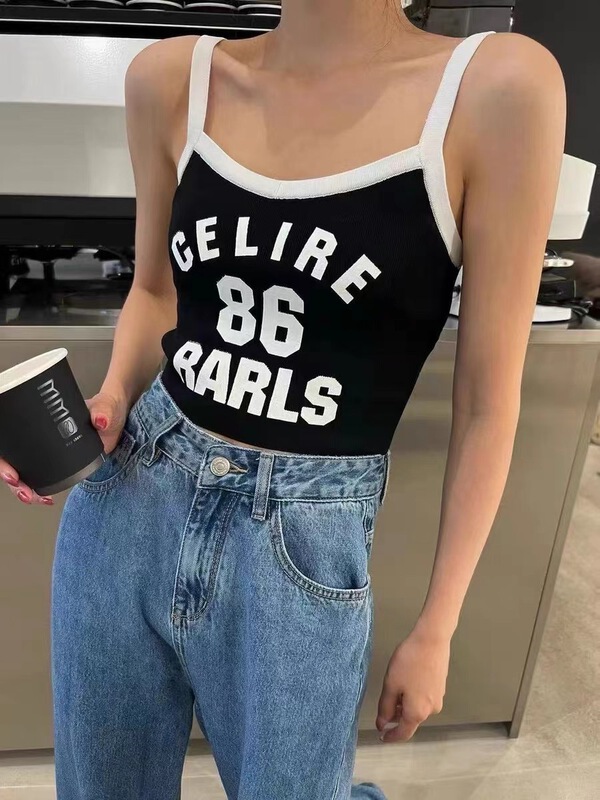 [fox] contrast color border letter short Spice Girl vest / sling 1882\wtt