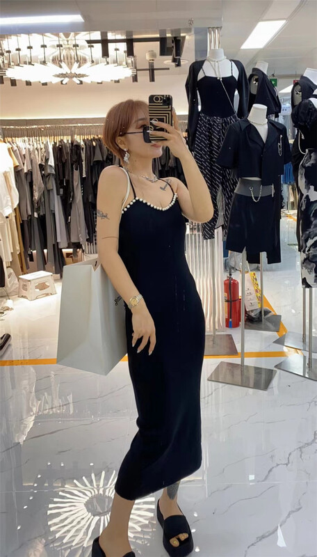 [semi plain] long knitted slim fitting pearl edge suspender dress ys1-l030\zjy