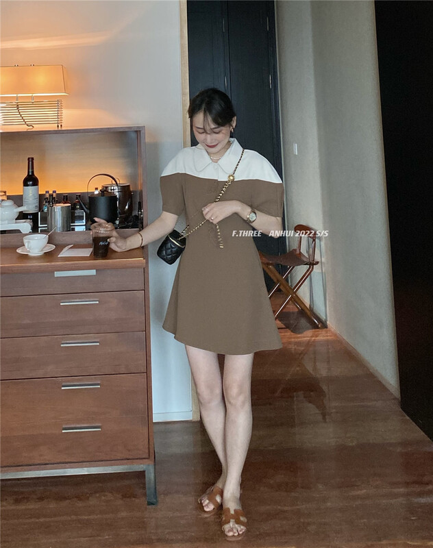 [f.three] contrast color splicing design thin Western loading polo dress 95228\xj