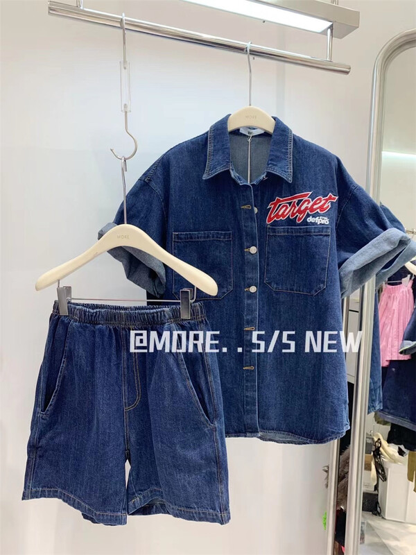 [more] letter printed denim shirt + casual Shorts Set 88200\ozq